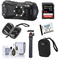 Ricoh WG-80 Waterproof Digital Camera, Black, Bundle With 64GB SD Memory Card, Extra Battery, Flexible Mini Tripod, Camera Case, SD Card Case, Cleaning Kit