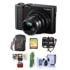 Panasonic Lumix DMC-ZS200 Digital Point & Shoot Camera, Black - Bundle With 32GB SDHC U3 Card, Camera Case, Cleaning Kit, Memory Wallet, Card Reader, Mac Software Package