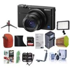 Sony Cyber-shot DSC-RX100 VA Digital Camera, Black - Bundle With 64GB SDHC U3 Card, Camera Case, Spare Battery, Video Light, Table Top Tripod, Compact Charger, Cleaning Kit, Software Package And More