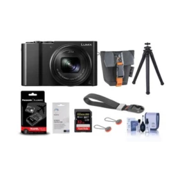 Panasonic Lumix DMC-ZS100 Digital Point & Shoot Camera, Black - Bundle With Panasonic Kit DMW-BLG10 Batt./DMW-BTC9 Charger, Table Tripod, 32GB SDHC Card, Camera Case, Peak Camera Wrist Strap And More