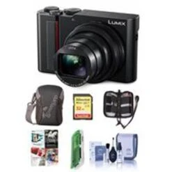 Panasonic Lumix DMC-ZS200 Digital Point & Shoot Camera, Black - Bundle With 32GB SDHC U3 Card, Camera Case, Cleaning Kit, Memory Wallet, Card Reader, Pc Software Package