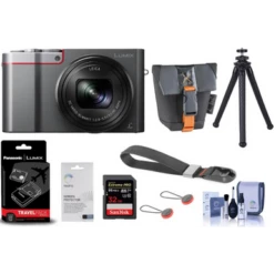 Panasonic Lumix DMC-ZS100 Digital Point & Shoot Camera, Silver - Bundle With Panasonic Kit DMW-BLG10 Batt./DMW-BTC9 Charger, Table Tripod, 32GB SDHC Card, Camera Case, Peak Camera Wrist Strap And More