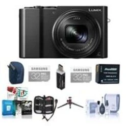 Panasonic Lumix DMC-ZS100 Digital Camera, 20.1MP, Black - Bundle With 2x 32GB Class 10 U3 SDHC Card, Camera Case, Spare Battery, Cleaning Kit, Memory Wallet, Tripod, Card Reader, Software Package