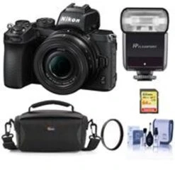 Nikon Z50 Mirrorless Camera With NIKKOR Z DX 16-50mm F/3.5-6.3 VR Lens - Bundle With Flashpoint Zoom-Mini TTL R2 Flash, 64GB SDXC Memory Card, Camera Case, 46mm UV Filter, Cleaning Kit