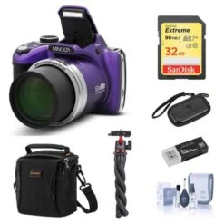 Minolta MN53Z 16MP FHD Digital Camera With 53x Optical Zoom, Wi-Fi, Purple Bundle With Shoulder Bag, Octopus Tripod, 16GB SD Card, Reader, Card Case, Cleaning Kit