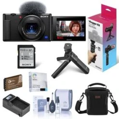 Sony ZV-1 Compact 4K HD Camera, Black Bundle With Sony Vlogger Accessory Kit, Bag, Mic, Flexible Tripod, Extra Battery And Accessories