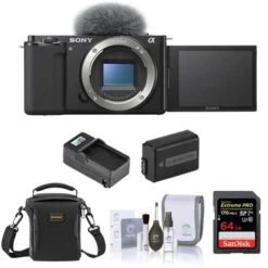 Sony ZV-E10 Mirrorless Camera Body, Black Bundle With 64GB SD Memory Card, Shoulder Bag, Extra Battery, Compact Smart Charger, Cleaning Kit