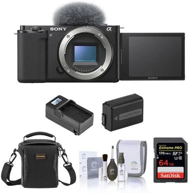 Sony ZV-E10 Mirrorless Camera Body, Black Bundle With 64GB SD Memory Card, Shoulder Bag, Extra Battery, Compact Smart Charger, Cleaning Kit 3 Sony ZV-E10 Mirrorless Camera Body, Black Bundle With 64GB SD Memory Card, Shoulder Bag, Extra Battery, Compact Smart Charger, Cleaning Kit