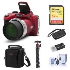 Minolta MN53Z 16MP FHD Digital Camera With 53x Optical Zoom, Wi-Fi, Red Bundle With Shoulder Bag, Octopus Tripod, 16GB SD Card, Reader, Card Case, Cleaning Kit