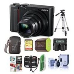 Panasonic Lumix DMC-ZS200 Digital Point & Shoot Camera, Black - Bundle With 64GB SDHC U3 Card, Camera Case, Spare Battery, Tripod, Dual Charger, Cleaning Kit, Memory Wallet, Card Reader, Pc Software Package