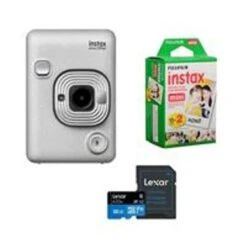 Fujifilm Instax Hybrid Mini LiPlay, Stone White - Bundle With Fujifilm Instax Mini Instant Daylight Film Twin Pack, 20 Exposures, 32GB MIcroSDHC Card