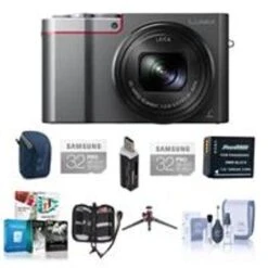Panasonic Lumix DMC-ZS100 Digital Camera, 20.1MP, Silver - Bundle With 2x 32GB Class 10 U3 SDHC Card, Camera Case, Spare Battery, Cleaning Kit, Memory Wallet, 3Pod Table Top Tripod, Card Reader, Charger, Software Package