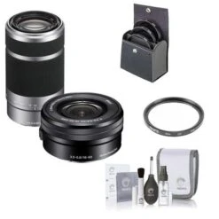Sony E PZ 16-50mm F/3.5-5.6 And 55-210mm F/4.5-6.3 OSS E-Mount Lens, Silver Bundle With 49mm Filter Kit (UV/CPL/ND), Multi Coated UV Slim Filter, And Cleaning Kit