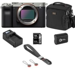 Sony Alpha 7C Mirrorless Digital Camera, Silver (Body Only), Bundle With Bag, 128GB SD Card, Extra Battery, Compact Charger, Wrist Strap