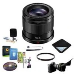 Panasonic LUMIX G 42.5mm F/1.7 Aspherical Power O.I.S. Lens For Micro Four Thirds System - Bundle With 37mm UV Filter, Flex Lens Shade, Lens Wrap, Lens CapLeash, Cleaning Kit, Pro Software Package