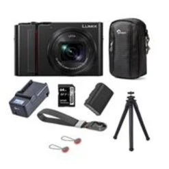 Panasonic Lumix DMC-ZS200 Digital Point & Shoot Camera, Black - Bundle With 64GB SDHC U3 Card, Camera Case, Spare Battery, Table Top Tripod, Compact Charger, Peak Camera Cuff Wrist Strap Charcoal