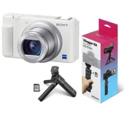 Sony ZV-1 Compact 4K HD Camera, White - With Sony ACCVC1 Vlogger Accessory Kit With Wireless Bluetooth Grip / Tripod (GP-VPT2 BT) And 64GB UHS-II SD Card (SF-E64/T1)