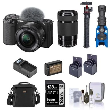 Sony ZV-E10 Mirrorless Camera With 16-50mm & 55-210mm F/4.5-6.3 OSS E-Mount Lens, Black Bundle With 64GB SD Memory Card, Bag, Microphone, Tripod, Battery, Charger And Accessories Kit 3 Sony ZV-E10 Mirrorless Camera With 16-50mm & 55-210mm F/4.5-6.3 OSS E-Mount Lens, Black Bundle With 64GB SD Memory Card, Bag, Microphone, Tripod, Battery, Charger And Accessories Kit